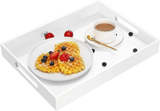 Acrylic Serving Trays with Handles, 16"x 12" Rectangle Sturdy Breakfast Tray, White Decorative Trays Organiser for Bedroom, Kitchen, Living Room, Bathroom, Hospital and Outdoors