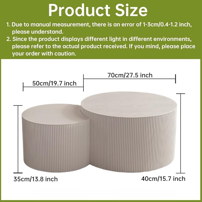 Round Nesting Coffee Table Set of 2 Small Round Coffee Tables for Living Room Modern Fluted Coffee Table Circular End Table Side Table for Small Spaces No Assembly (White A, 27 in)
