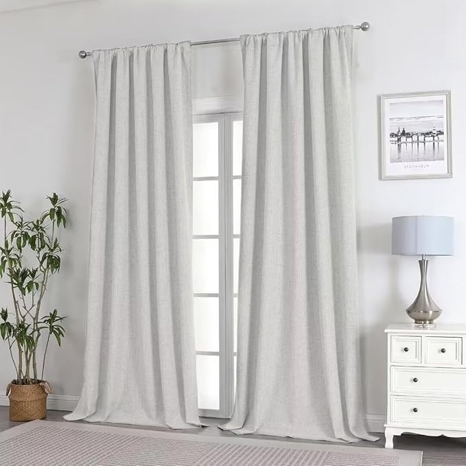 Joydeco Natural Linen Curtains 108 inch Length 2 Panels Set Burg 100% Blackout Patio Door Curtain Room Darkening Sliding Door Curtains Thermal Insulated Back tab Rod Pocket(105x108 inch, Light Beige)