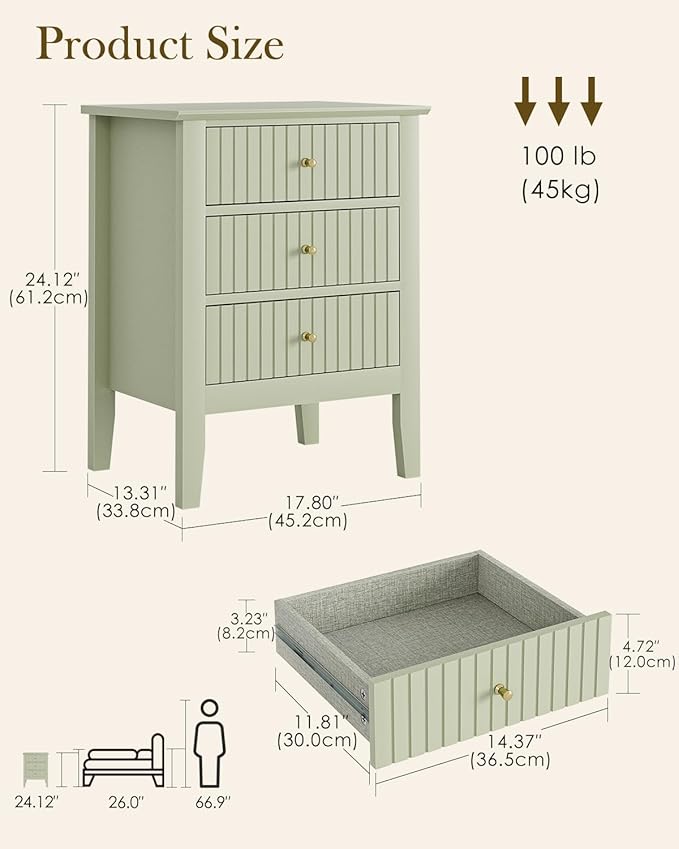 Fluted Nightstand, Farmhouse Night Stand with 3 Drawers, Mid Century Modern Side Accent Table,Bedside End Table for Bedroom, Living Room, Pale Green
