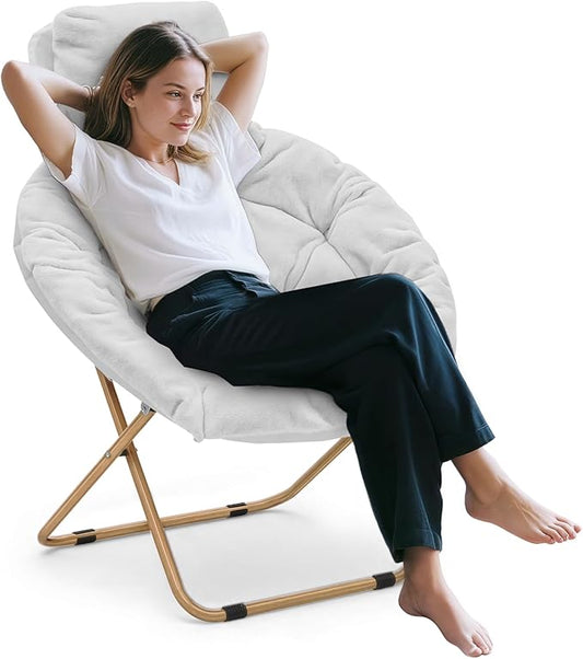 Athena Collection Comfy Saucer Chair with Headrest Oversize Round Cozy Chair Folding Chair Faux Fur Metal Frame Foldable Reading Chair Accent Chair for Bedroom Living Room Set of 2, White