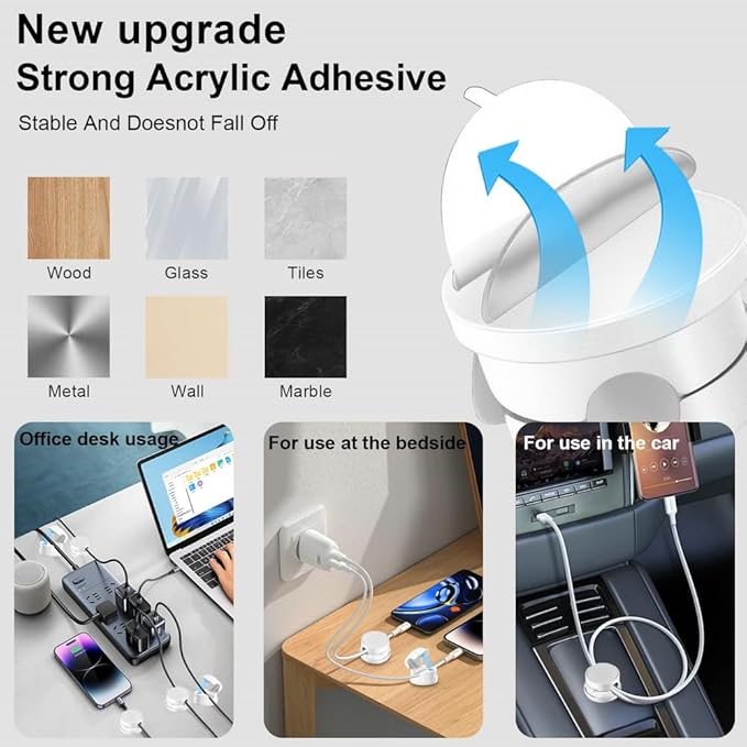 9 Pack Rotatable Magnetic Cord Organizer, Phone Cable Management, Desk Charger Cords Holder, No-Residue Adhesive Cables Clips for Kitchen, Office, Car, Nightstand（White）