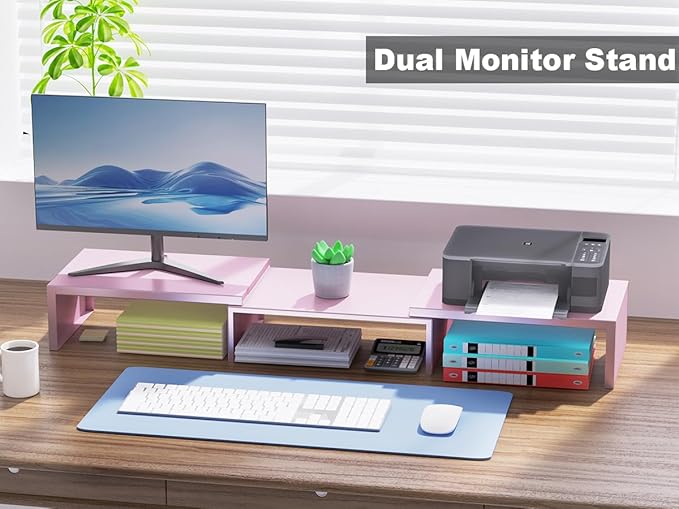 Dual Monitor Stand for Desk, Metal Monitor Riser, Pink office Supplies and Accessories (Pink)