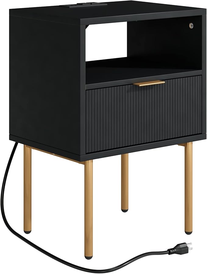 Masupu Nightstand with Charging Station,Mid-Century Modern Bedside Table with Storage Drawer and Open Wood Shelf,Small Gold Frame Side Table for Bedroom,Living Room (Black)