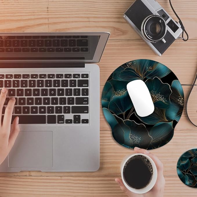 Mouse Pad with Wrist Support, Ergonomic Mouse Pad with Memory Foam Wrist Rest Cushion, Non-Slip Rubber Base Gaming Mice Pad for Home Office Computer Laptop,Gold Green Plants