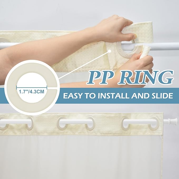 Ivory Long Hotel Shower Curtain with Detachable Liner - 230GSM Waffle Textured,Hotel Grade,Spa Like Bath Curtain,71W x 86H