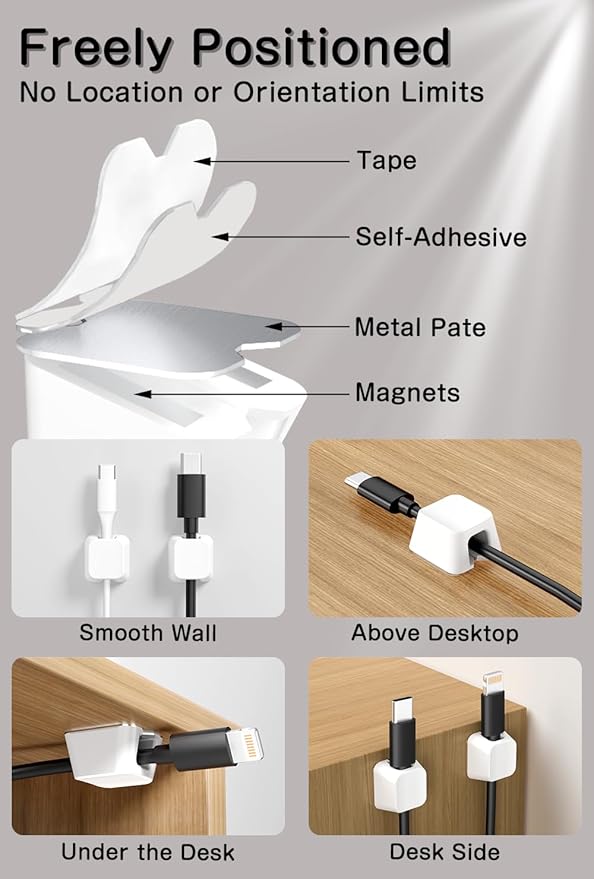 Viaky 8 Pack Magnetic Cable Clips, Large Size Under Desk Cable Management, Workspace Charger Organizer,Cord Holder with Adhesive Metal Disc, Office Desk Accessories for Nightstand Car Wall (White)