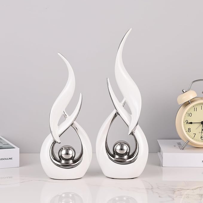 2 PCS White Silver Ceramic Statues For Home Decor Accents, Modern Abstract Art Sculptures, Elegant Tabletop Decorative Objects For Dining Room, Entryway, Tv Stand, Mantel, Coffee Table Centerpieces