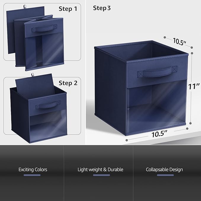 Sorbus 11 Inch Storage Bins with Clear Window - 6 Foldable Baskets for Organizing Clothes, Toys, Books - Sturdy Collapsible Fabric Storage Cubes with Handle - Storage Baskets for Shelves, Closets