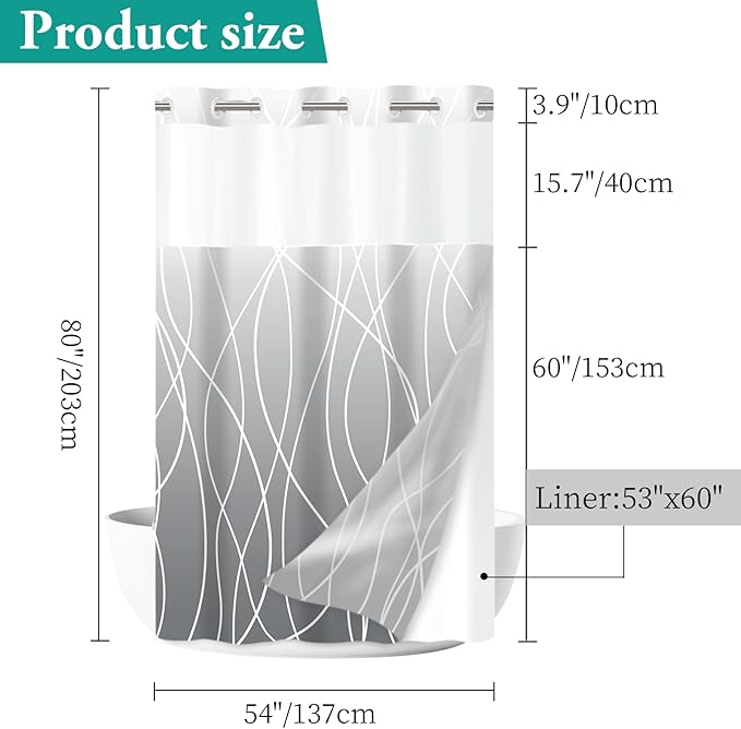 No Hook Ombre Grey Striped Stall Shower Curtain with Snap in Liner Set - Hotel Shower Curtain and Liner Set with See Through Mesh Top Window,Machine Washable, 54x80 INCH