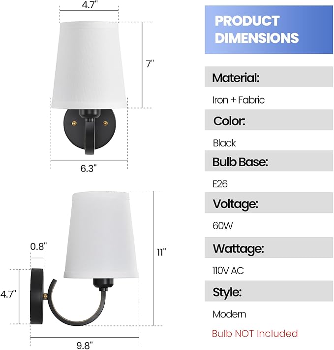 Wall Sconces Set of 2, Modern Wall Lamps for Bedroom, Sconces Wall Light Fixture with Beige Fabric Shade, Indoor Wall Mounted Lamps for Living Room Hallway Kitchen, Black Finish