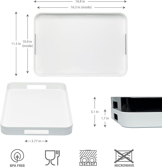 Bzyoo 11.5 x 16 Inch Large Rectangle Stackable Melamine Serving Tray with Handles – Minimalist Design, Multi-Purpose and Durable, BPA Free– Perfect for Kitchen, Dining, and Entertaining - White