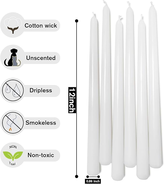 12 Inch Taper Candles 6 Pcs Unscented, Smokeless, Dripless Long Tapered Candlesticks Candles for Christmas Birthday Dinner Wedding Party Home Decor