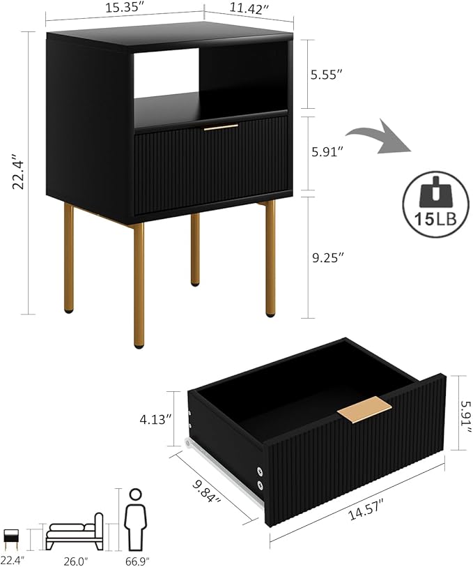 Masupu Nightstand,Mid-Century Modern Bedside Table with Storage Drawer and Open Wood Shelf,Small Gold Frame Side Table for Bedroom,Living Room,Black