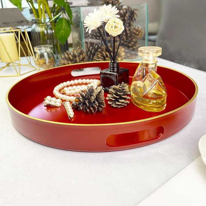 13" Round Decorative Tray, Red Serving Tray with Handles, Plastic Coffee Table Tray for Ottoman, Living Room, Bathroom, Décor.