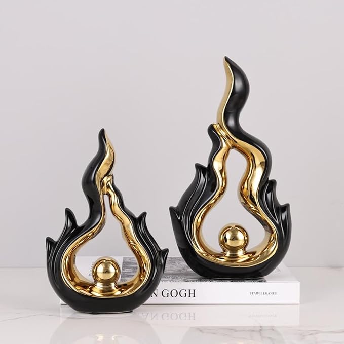 2 Pcs Black and Gold Ceramic Sculptures for Home Decor, Modern Abstract Art Statues, Centerpieces for Dining Room Table, Living Room, Shelf, Mantel, Coffee Table, Entryway Accent Decorations