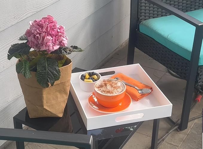 Glossy White Acrylic Serving Tray with Handles-Acrylic Tray for Ottoman,Coffee Table, Breakfast, Tea, Food, Butler - Decorative Tray (12x12x2H Inch with, White)