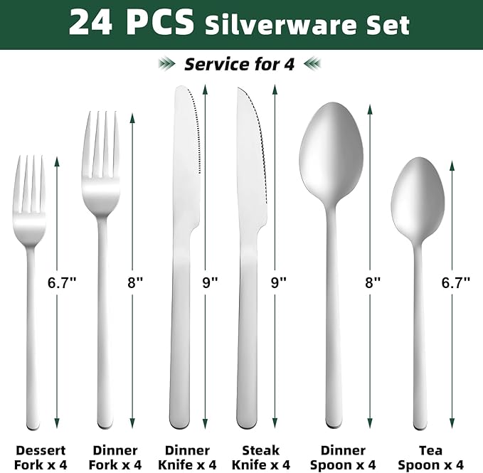 24 Pcs Silverware Set with Steak Knives, Stainless Steel Flatware Set for 4, Food-Grade Cutlery Set, Mirror Polished Tableware Eating Utensils Set for Kitchen, Knife Fork Spoon Set, Dishwasher Safe