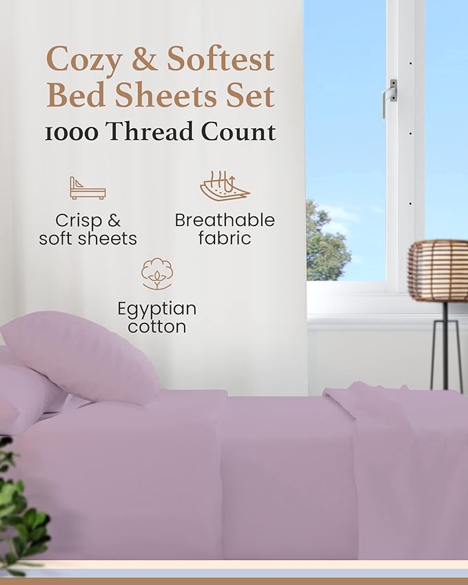 Good Sleep Bedding Deep Pocket King Sheet Set - 4 Pc, 100% Egyptian Cotton Bed Sheets, 1000 Threadcount 16" Deep Pocket Sheets King Size with Pillow Covers, Soft Hotel Sheets Like Quality - Lavender