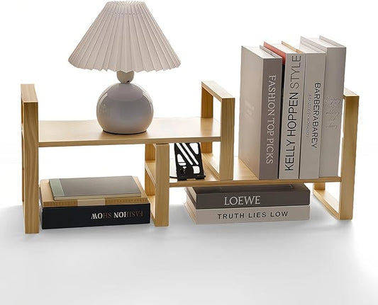 Desk Organizer Adjustable & No Assembly Needed, Solid Pine Wood, Desktop Shelf Holds up to 130lbs for Office, Books, Bathroom Storage, Organization-Pine Nature Wood Color