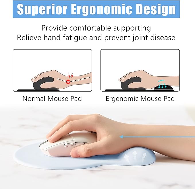 Hsurbtra Ergonomic Mouse Pad with Wrist Rest Support, Gel Mouse Pads with Non-Slip PU Base, Pain Relief Memory Foam Computer Mat, Cute Office Supplies Desk Decro Accessories, Sky Blue