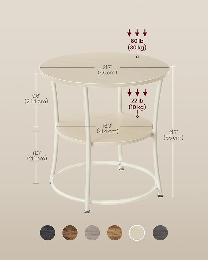 VASAGLE Side Table, 2-Tier Round End Table, Nightstand with Steel Frame for Small Spaces, Living Room, Bedroom, Natural Beige