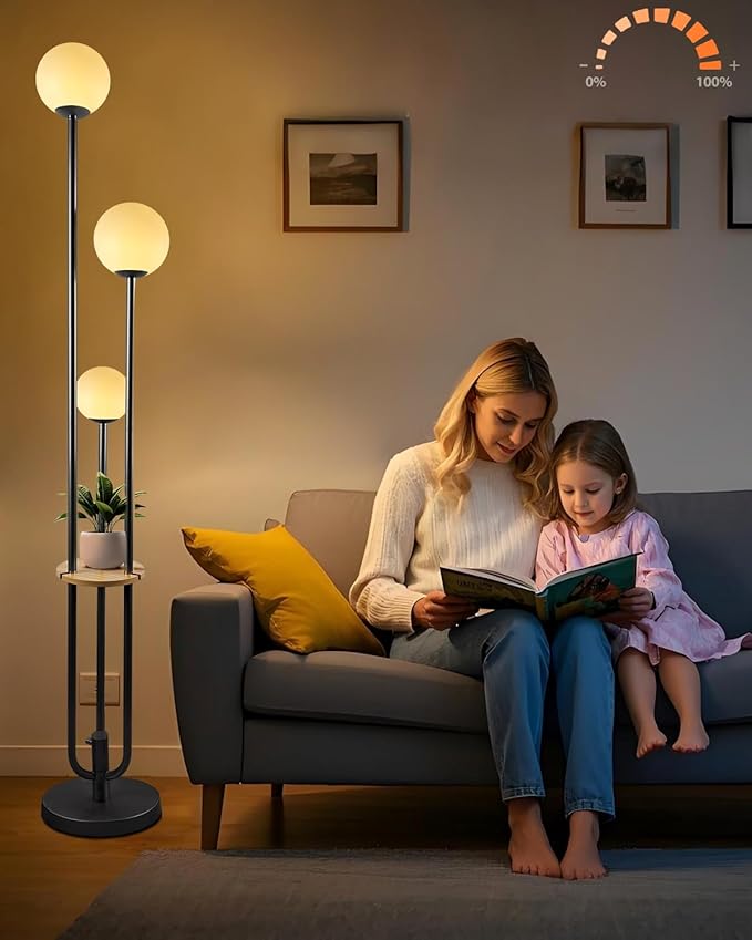 Lightdot Full Dimmable Floor Lamp for Living Room 3-Globe Standing Lamp with Table Candle Holder Style Black Tall Lamps for Bedroom Office Cafe with 3000K Soft Warmwhite Bulbs Included