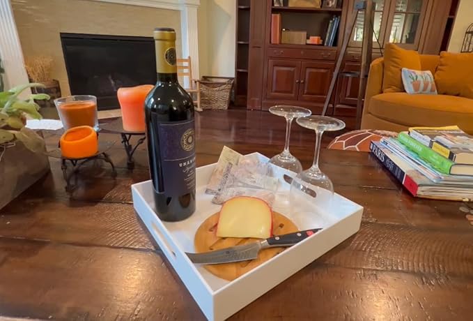 Glossy White Acrylic Serving Tray with Handles-Lucite Tray for Ottoman,Coffee Table, Breakfast, Tea, Food, Butler - Decorative Tray (12x20 Inch, White)