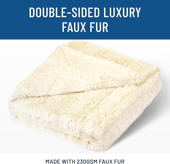 Everlasting Comfort Soft & Comfortable Ivory Faux Fur Throw Blanket for Couch - (50"x65") Minky & Fluffy Fall Blankets & Throws, Plush Fuzzy Cover for Bed, Sofa & Living Room - Cozy Home Decor