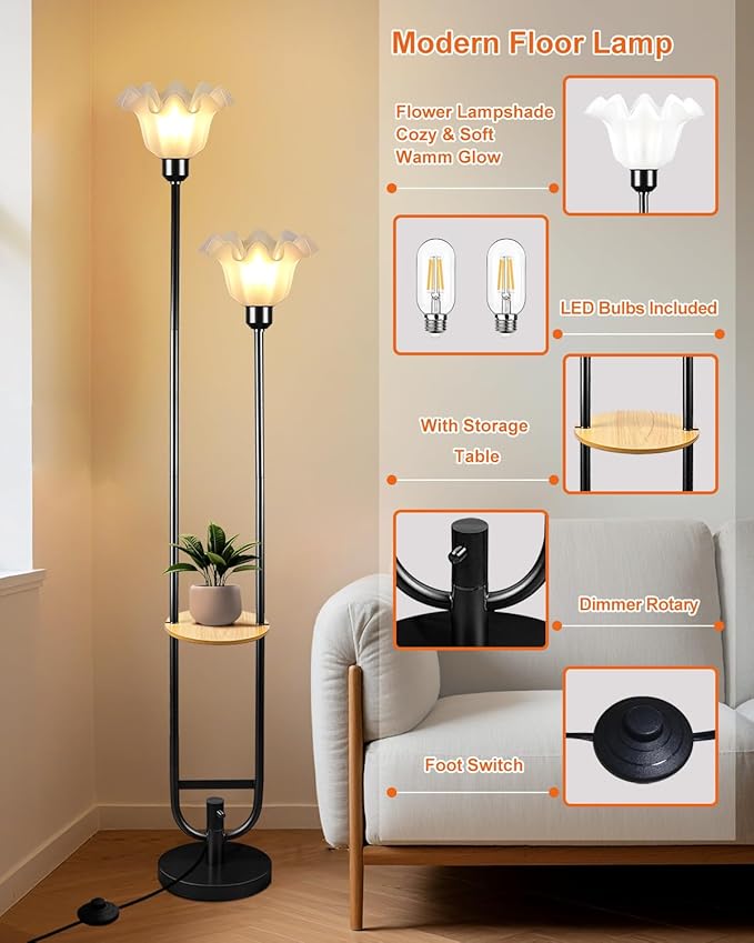 Lightdot Dimmable Flower Floor Lamp for Living Room, Modern Mid Century Floor Lamp with Table, Black Tall Standing Lamp for Bedroom & Home Decor