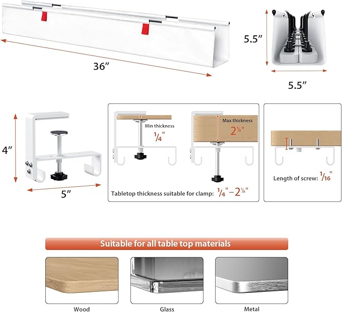 Univivi No Drill Under Desk Cable Management Tray, 36" Cord Organizer for Table, Clamp/Screw Mount Desk Cable Management, Premium Fabric Cable Management Tray for Office, Home