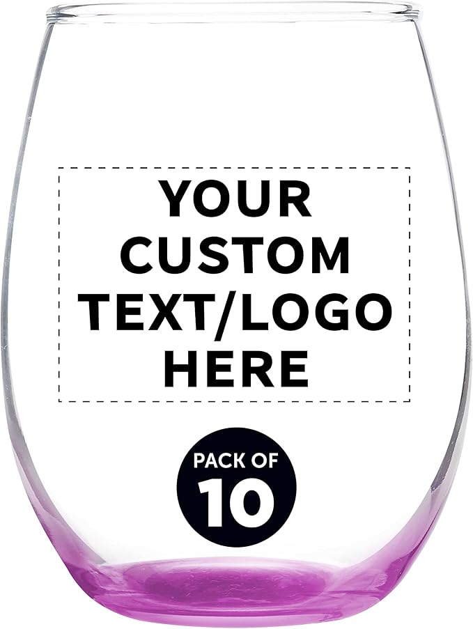 Custom Stemless Wine Glass 9 oz. Set of 10, Personalized Bulk Pack - Great for Wedding Favors, Bachelorette Party Decorations, Party Favors, Color Bottom - Pink