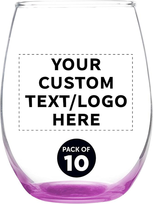 Custom Stemless Wine Glass 9 oz. Set of 10, Personalized Bulk Pack - Great for Wedding Favors, Bachelorette Party Decorations, Party Favors, Color Bottom - Pink