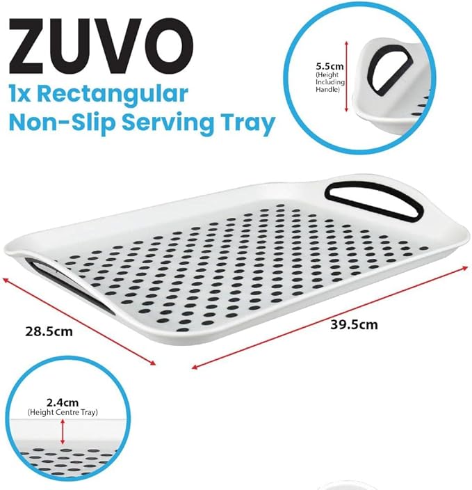 Zuvo Anti-Slip Food Serving Tray with Handles (Set of 2) – BPA-Free Plastic, Lightweight & Durable – Non-Slip Couch Trays for Eating & Drinks (White)