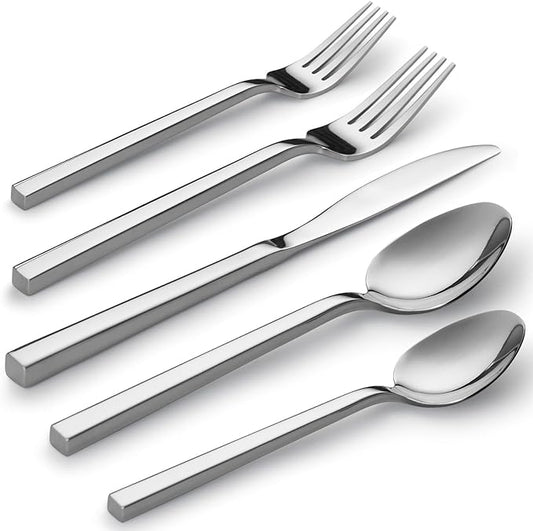 Alata Cube 60-Piece Forged Stainless Steel Flatware Set Cutlery Set, Silverware Set Service for 12, Mirror Finish, Dishwasher Safe