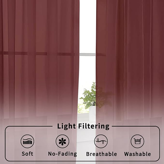 Aiyufneg Small Sheer Tier Curtains Half Kitchen Curtain Sheers, Light Filtering Farmhouse 24 Inch Window Panels Rod Pocket Burgundy Red Voile Short Curtain for Bathroom, 40W x 24L, Set of 2 Panels