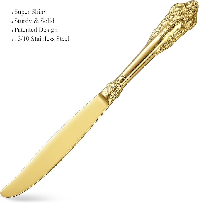 KEAWELL Luxury 20 Pieces 18/10 Stainless Steel Flatware set, Service for 4, silver plated with gold accents, Fine Silverware set and Dishwasher Safe (Gold)