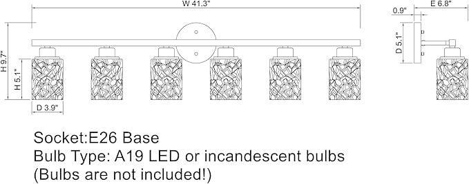 ALICE HOUSE 41.3" Vanity Lights, 6 Light Wall Lighting, Brushed Nickel Finish Bathroom Lights Over Mirror, Bathroom Lighting AL9082-W6