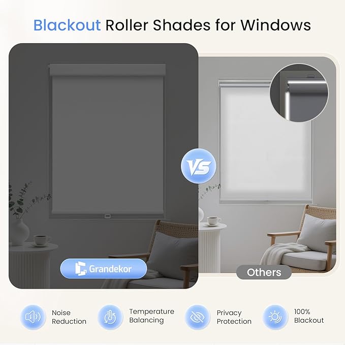 Grandekor No Drill Blackout Roller Shades for Windows,Free-Stop Cordless Roller Blinds for Indoor Windows,UV Protection Thermal Insulated,Pull Down Shades for Bedroom Home,White,Customize