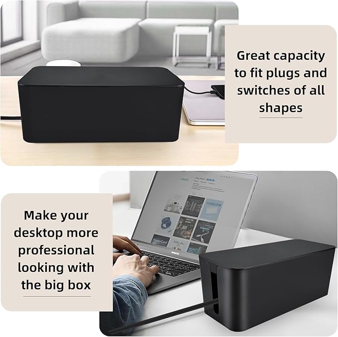 YaeCCC Cable Management Organizer Box Power Strips Hider Power Cords Hider for Desk, TV, Computer, USB Hub,Cords (Set of Three) Black