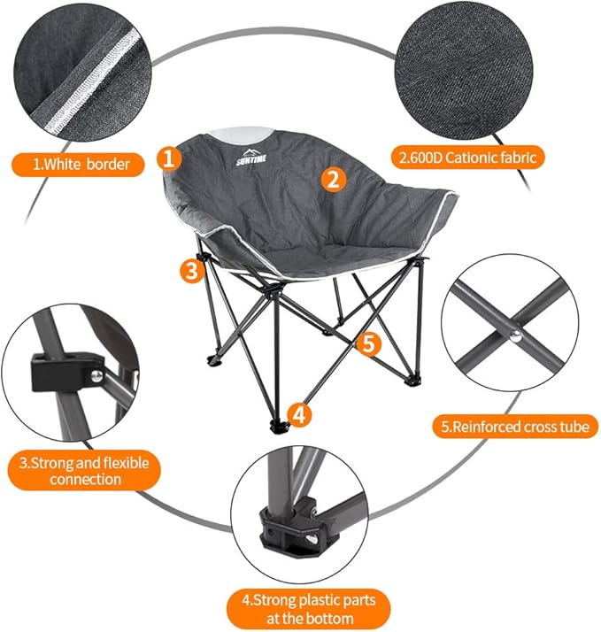 Suntime Sofa Chair, Oversize Padded Moon Leisure Portable Stable Comfortable Folding Chair for Camping, Hiking, Carry Bag(Grey 2 Pack)