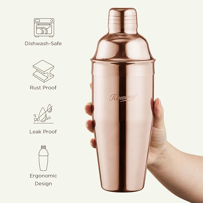 KITESSENSU Cocktail Shaker Set, Stainless Steel Bartending Kit with 25 Ounce Cocktail Shaker with Built in Drink Strainer, Measuring Jigger, Mixing Spoon & Drink Recipe Guide, Rose Gold