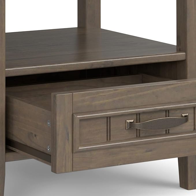 SIMPLIHOME Lev SOLID WOOD 20 Inch Wide Rectangle Transitional End Table with Bottom Drawer in Smoky Brown, For the Living Room and Bedroom