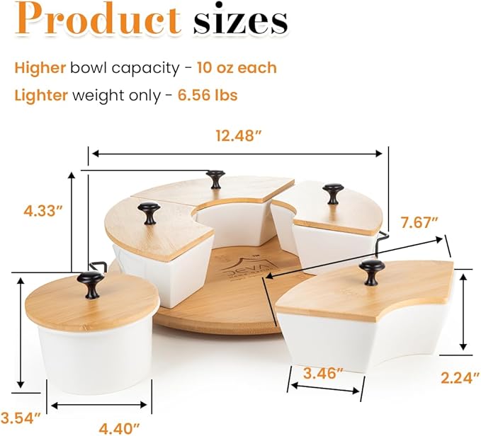 Chip & Dip Serving Set | Appetizer Set With Rotating Bamboo Lazy Susan Tray| White Ceramic Bowls With Bamboo Lids | Black Handle Tray | 11.22” Round Party Platter | Giftable