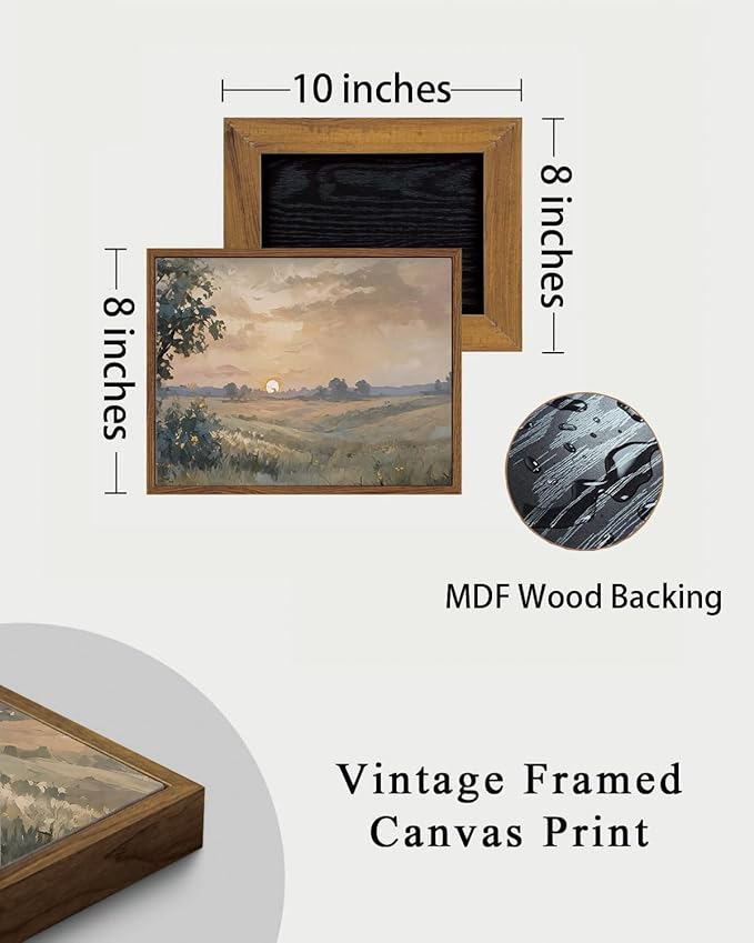 KISSFOX Vintage Framed Wall Art Sunset Landscape Canvas Wall Art Neutral Farmhouse Serene Countryside Paintings Artwork Rustic Art Prints For Bedroom Living Room