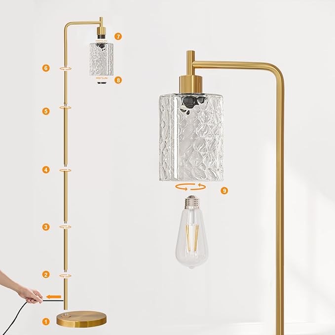 Oneach 66" Gold Floor Lamp for Living Room, Industrial Floor Lamp with LED Bulb, Glass Shade, Foot Switch, Morden Tall Farmhouse Standing Lamps for Bedroom, Office, Study Room