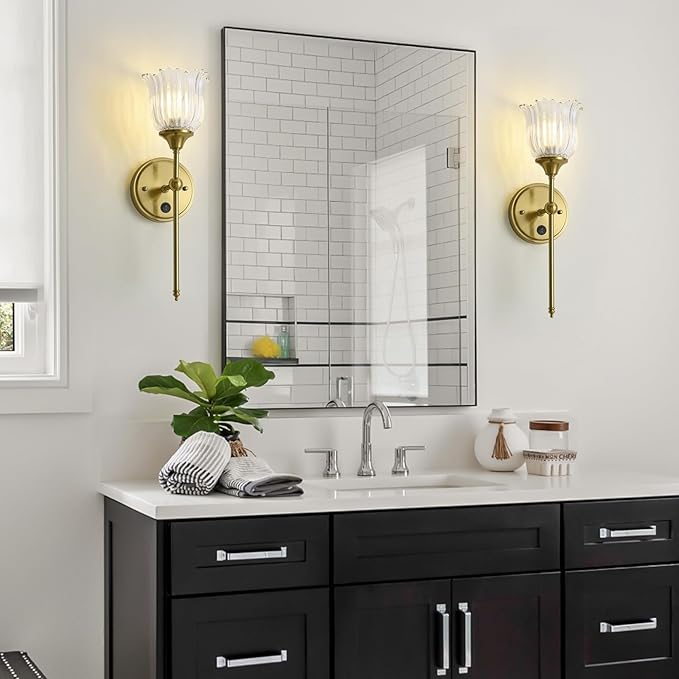 Modern Wall Sconces Set of 2 with Clear Flower Glass Shade, Mid Century Bathroom Vanity Wall Light Fixtures Gold Vintage Wall Lights with Switch for Mirror Bedroom Living Room