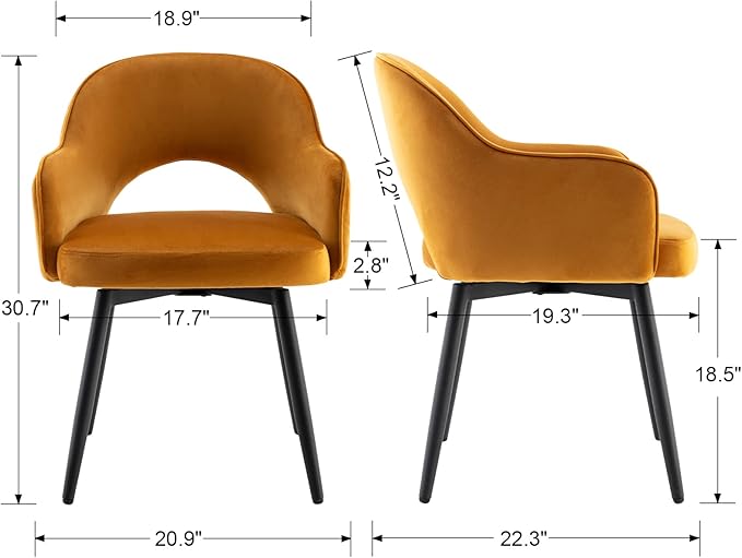 DUOMAY Swivel Dining Chair Set of 2, Velvet Upholstered Side Chair Modern Accent Guest Chair Home Office Desk Chair with No Wheels for Dining Room Living Room Office, Yellow