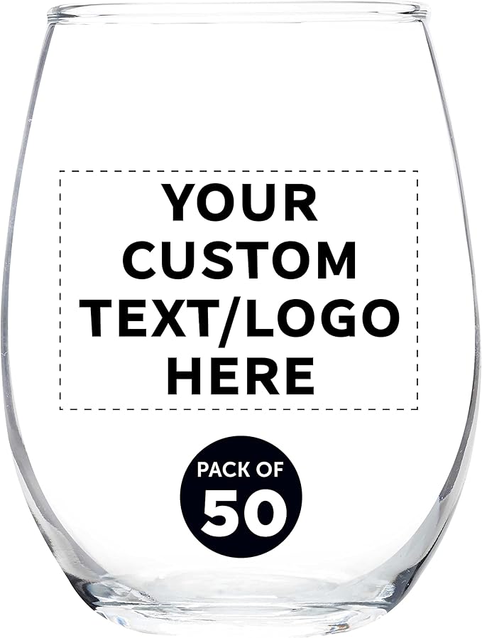 Custom Stemless Wine Glass 9 oz. Set of 50, Personalized Bulk Pack - Great for Wedding Favors, Bachelorette Party Decorations, Party Favors, Color Bottom - Clear