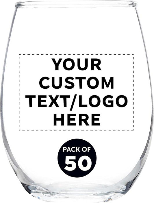 Custom Stemless Wine Glass 9 oz. Set of 50, Personalized Bulk Pack - Great for Wedding Favors, Bachelorette Party Decorations, Party Favors, Color Bottom - Clear